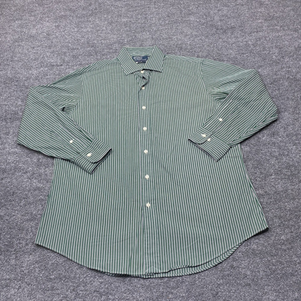 Polo Ralph Lauren Shirt Mens 16.5 32/33 Green Striped Regent Fit Button Up